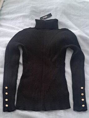 White House Black Market Black Ribbed Turtleneck Sweater with Gold Cuff Buttons